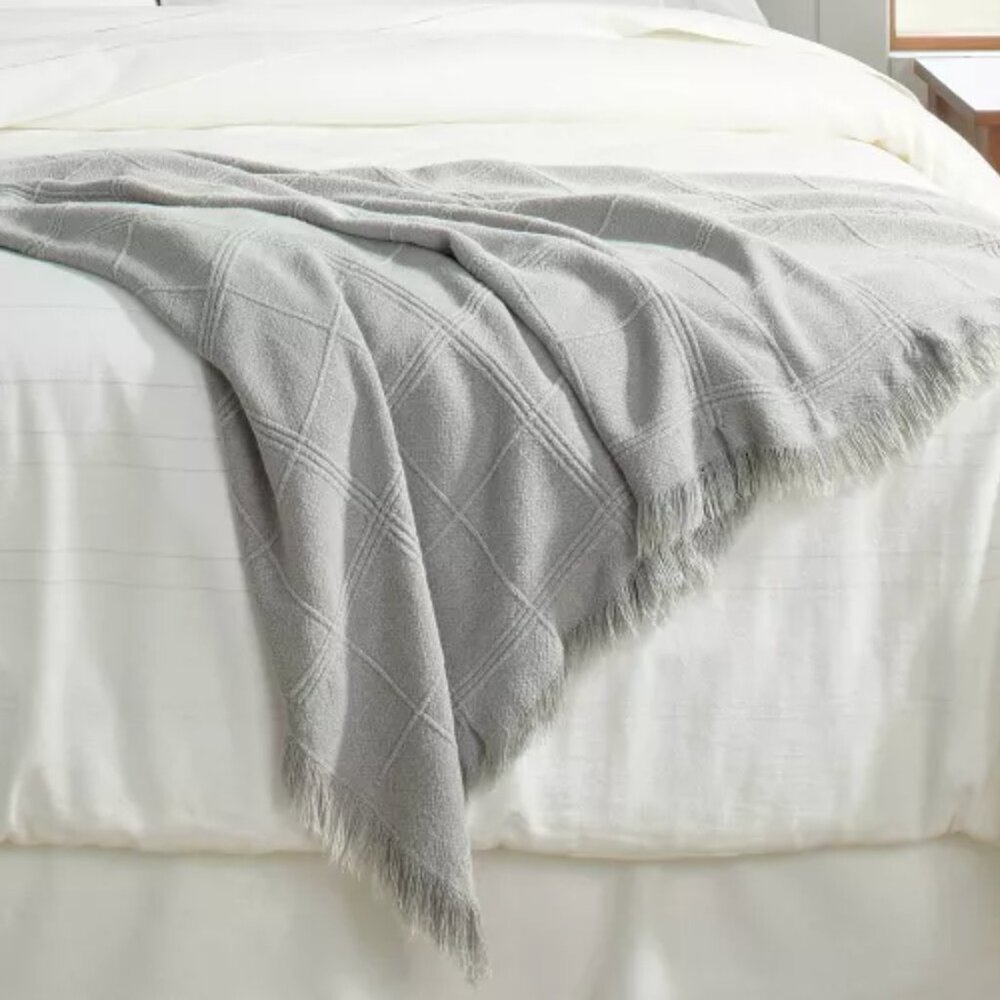 NWT! Hearth & Hand with Magnolia Textured Grid Lines Dobby Throw Blanket in Gray